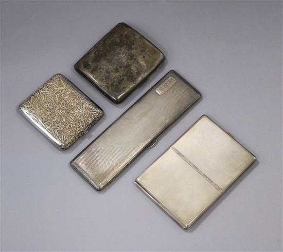 Three assorted silver cigarette cases and a white metal filligree case, longest 16.9 cm.